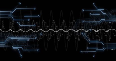 Futuristic Digital Interface with Blue Circuitry and Waveform