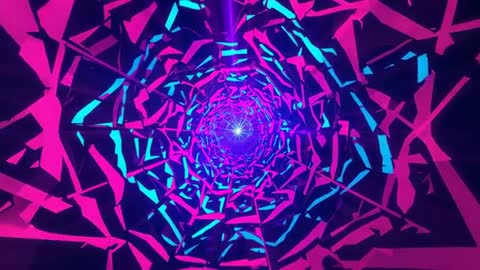 Moving Through Neon Kaleidoscope Tunnel with Spinning Magenta and Cyan Shards