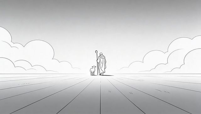 Solitary shepherd walking holding crook with sheep on vast minimalist plank horizon