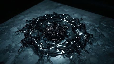 Glossy black metallic liquid splash on mottled metal surface