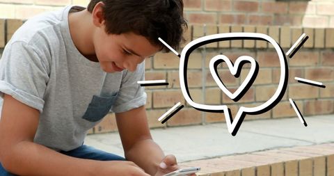 Teen Boy Engaging with Smartphone and Heart Icon