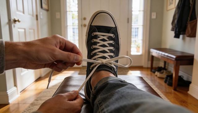 Tying casual black canvas sneaker laces in sunlit home entryway morning routine