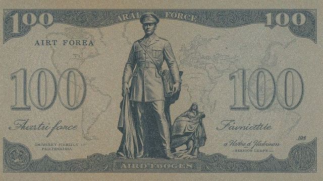 Vintage banknote featuring soldier statue and world map design