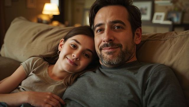 Father and daughter relaxing on sofa at home sharing cozy evening bonding moment under warm lamp lig