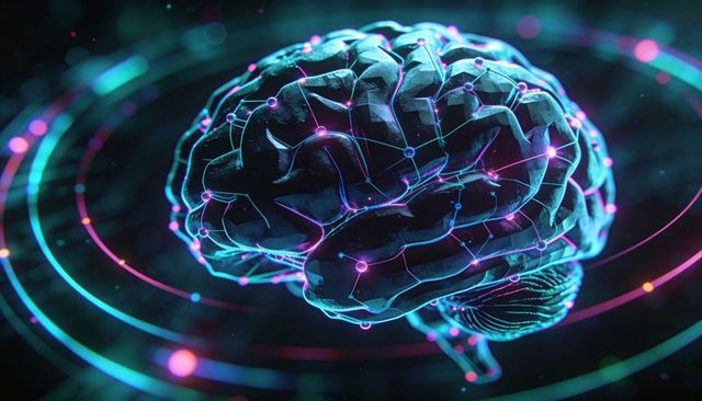 Neon brain network glowing with connected neural nodes and holographic data rings