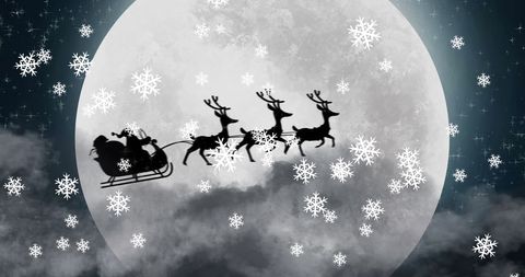 Santa Claus Sleigh Silhouette Over Moon with Falling Snowflakes - Download Free Stock Images Pikwizard.com