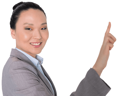 Transparent Asian Businesswoman Pointing Upward Confidently