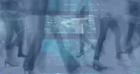 Businesspeople Walking with Overlaid Financial Data