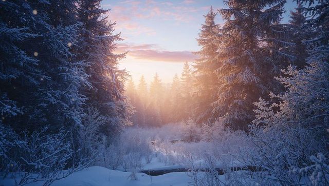Serene snowy forest: winter sunlight through frosted trees