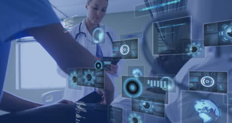 Doctor with Patient Surrounded by Digital Interfaces