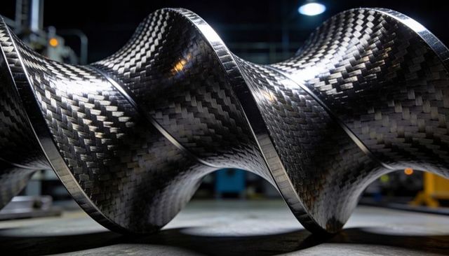 Glossy carbon fiber auger with twill weave reflecting industrial overhead light