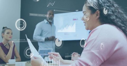 Business Team Collaborating and Reviewing Analytics with Augmented Data Overlays