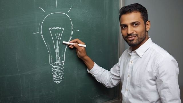 Instructor illustrating light bulb on chalkboard for conceptual learning