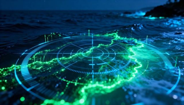 Augmented Reality Ocean Mapping with Neon Holographic Radar Interface Over Night Sea