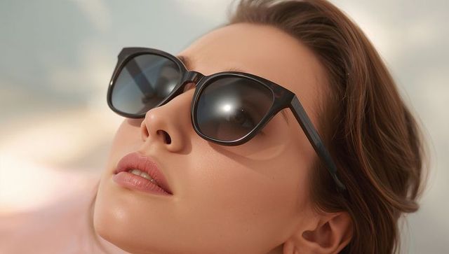 Chic woman reclining with black sunglasses reflecting light, closeup beauty portrait