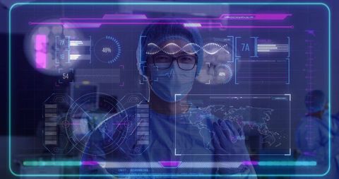 Futuristic Medical Researcher Analyzing Data with Holographic Display