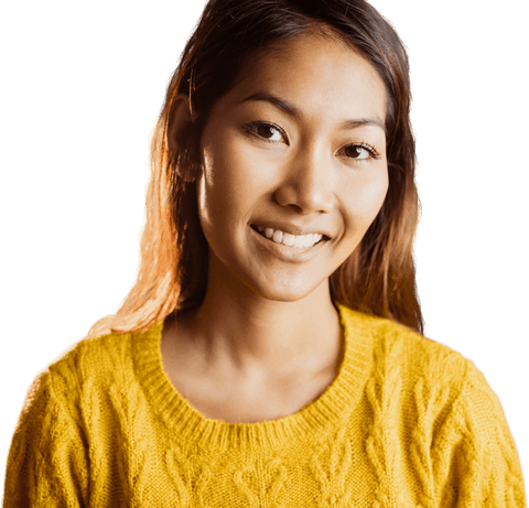 Transparent Cheerful Asian Woman in Yellow Sweater Smiling