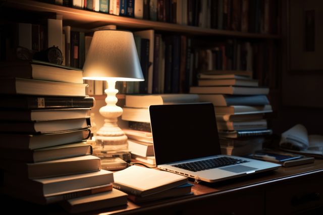 Laptop on table with books and lamp in library, created using generative ai technology. Technology, education, digitally generated image.