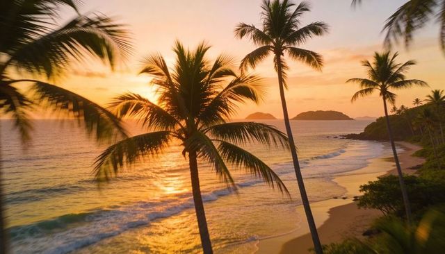 Golden tropical sunset with silhouetted palm trees framing calm beach and ocean