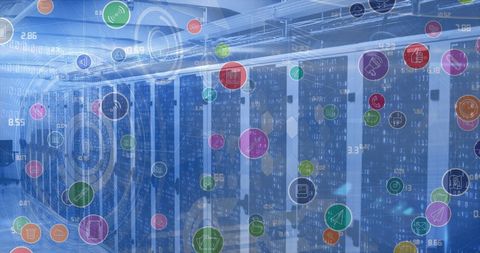 Digital icons overlapping server infrastructure in data center