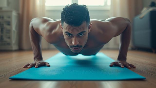Shirtless Man Performing Push-Up at Home for Fitness and Strength