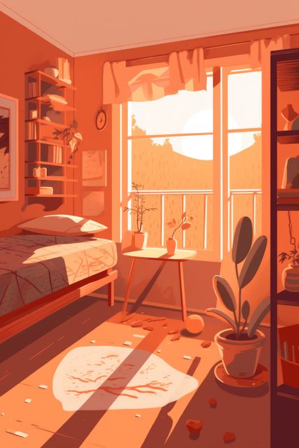 Modern cozy bedroom with sunlit interior includes indoor plants, warm decor, and organized shelf. This calm, peaceful scene is perfect for illustrating relaxation, home comfort, interior design ideas, or morning routines.