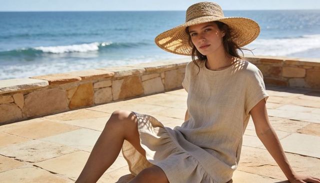 Sunlit woman in linen dress and straw sunhat relaxing on seaside sandstone terrace with ocean view