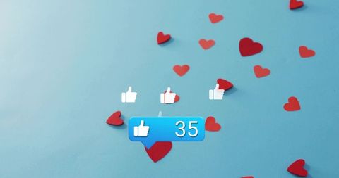 Showing 35 Likes with Blue Like Bubble Floating over Pastel Blue Backdrop and Red Hearts