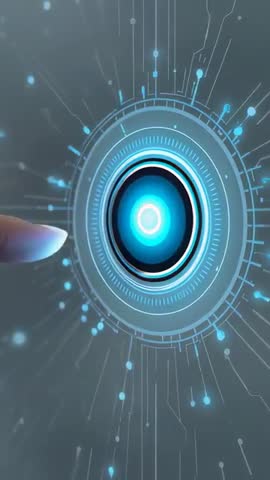 Tapping Fingertip on Blue Holographic Interface Activating Circular Rings Vertical Tech Video