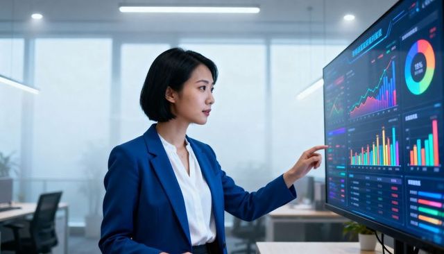 Asian businesswoman analyzing colorful data dashboards on large touchscreen display