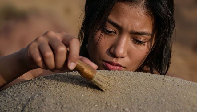 Young woman brushing sand from artifact during desert excavation, conservation close-up