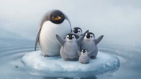 Penguin Family Balancing on Ice Floe, Chicks Flapping Flippers in Misty Antarctic Sea