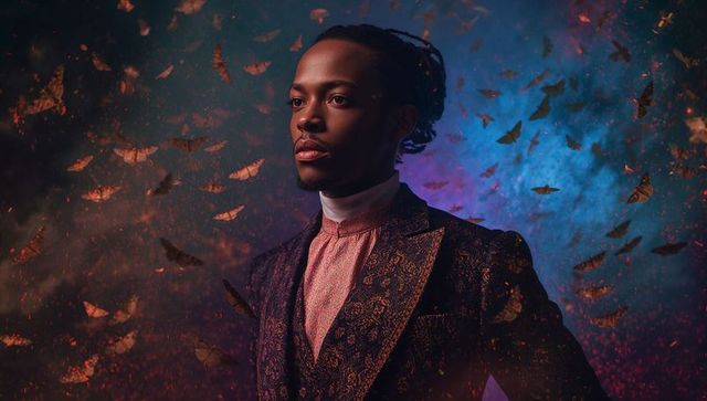 Dramatic portrait featuring man in ornate blazer with swirling moths and cinematic lighting