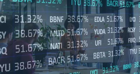 Business team analyzing financial markets, stock exchange data overlay