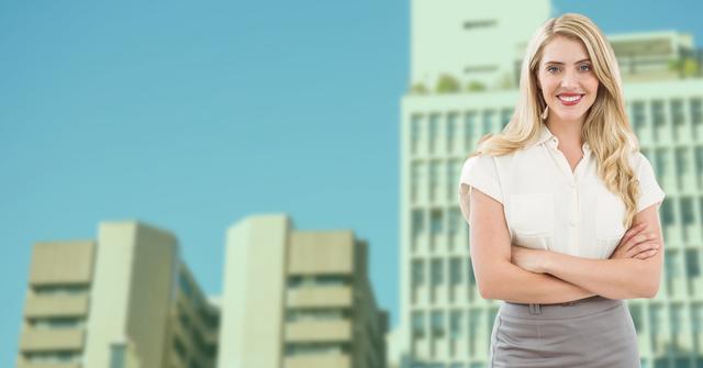 Digital composition of beautiful businesswoman with arms crossed against buildings in background
