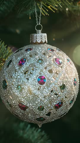 Sunlit close-up jeweled Christmas ornament swinging on pine branch sparkling gemstones vertical vide