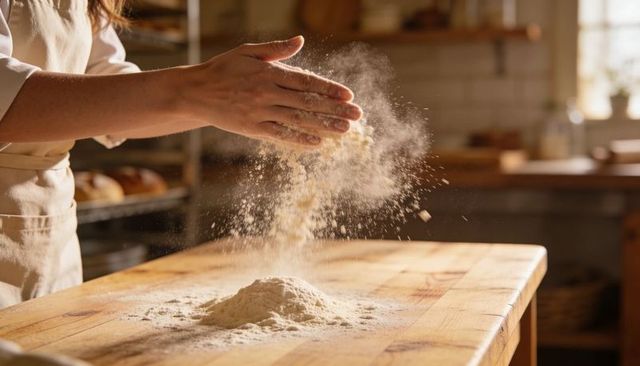 Artisan baker sprinkling flour on wooden bench preparing dough in rustic bakery
