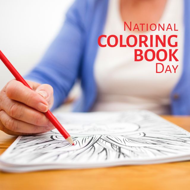 Caucasian senior woman participating in National Coloring Book Day by coloring. Such images are ideal for celebrating creativity, promoting art therapy benefits for elderly, and mental health awareness. Suitable for blog posts on creative activities, marketing materials for aging programs, and promotional content for art supplies.