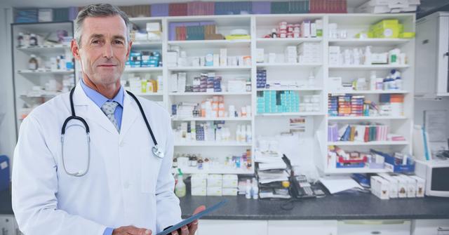 Digital composite of Portrait of confident male doctor standing at pharmacy