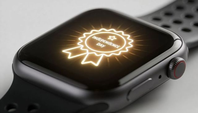 Smartwatch displaying independence day ribbon badge with glowing gold emblem