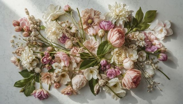 Soft blush and white floral flatlay featuring roses peonies and delicate filler on marble