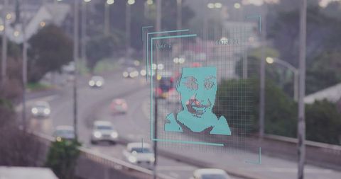 Futuristic Digital Interface with Face Recognition on Urban Highway