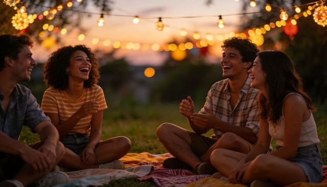 Friends laughing on picnic blankets at sunset with string lights and cozy bokeh