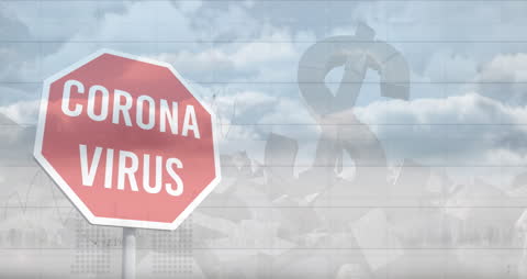 Corona Virus Stop Sign with Financial Symbols and Cityscape Background
