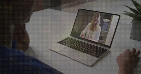 Female executive presenting on laptop during virtual meeting with colleague watching