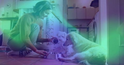 Woman pouring kibble into bowl while feeding two dogs on kitchen tile floor