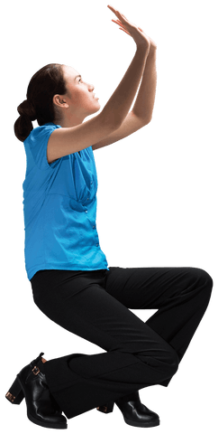 Asian Woman Squatting and Supporting Invisible Object on Transparent Background