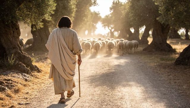 Shepherd guiding flock through sunlit olive grove on dusty path using wooden staff
