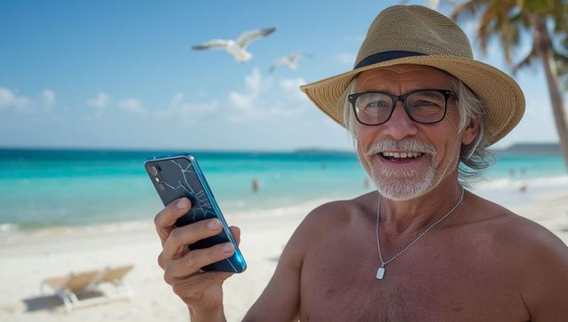 Senior man with smartphone enjoying tropical beach vacation