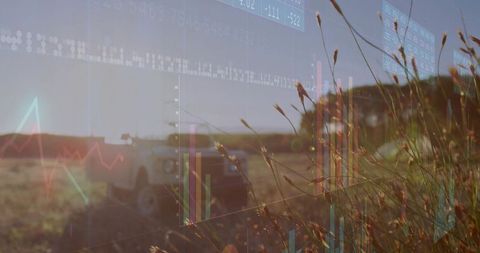Rural landscape and financial analytics charts concept